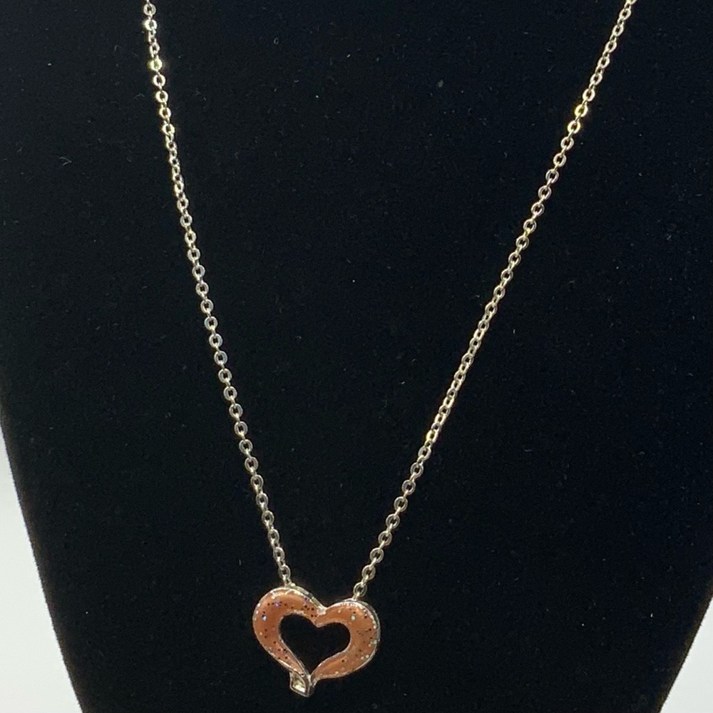 Silver tone Peach heart with glitter necklace. Approx 16”